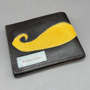 Handmade RobbieMoto Leather Bifold Wallet Mustache Applique Brown Yellow Artisan